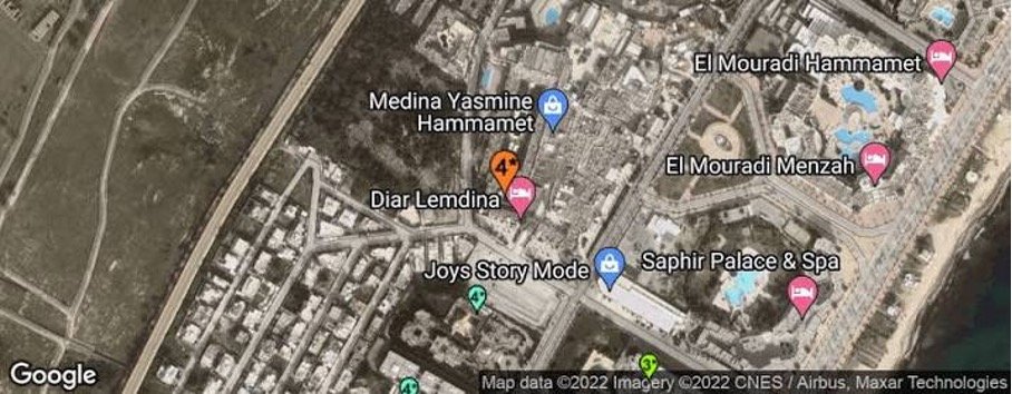 Map from Tunis-Carthage International Airport to Diar Lemdina Hotel